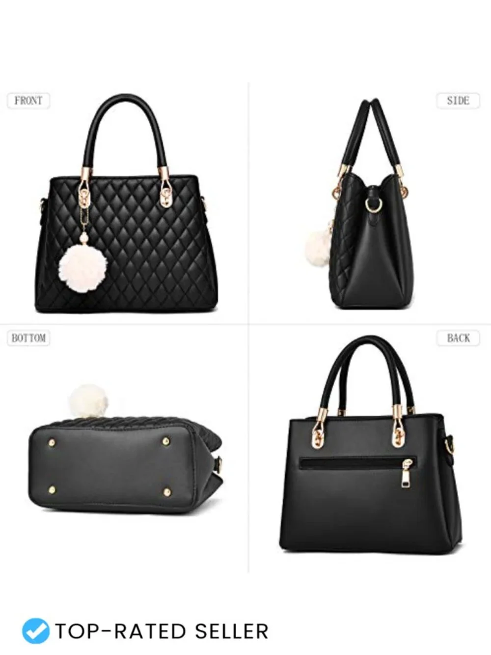 Women's PU Leather Satchel Handbag Top-Handle Tote Shoulder Bag with Pompon